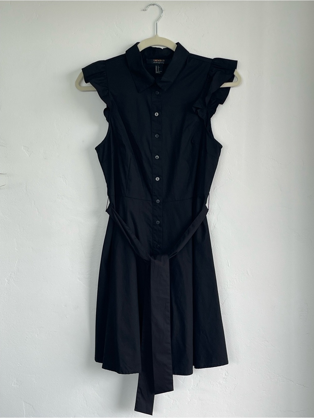 Forever 21 Black Button-Front Ruffle Sleeve Mini Dress
